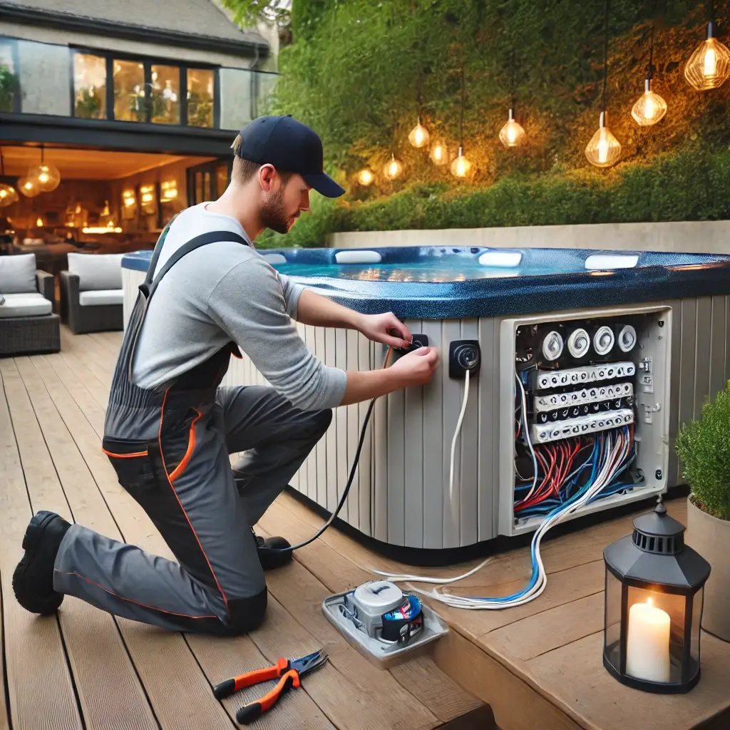 A certified electrician safely wiring a hot tub electrical connection in a backyard. The setup includes proper grounding and compliance with safety standards, alongside a modern hot tub with outdoor lighting creating a relaxing atmosphere.