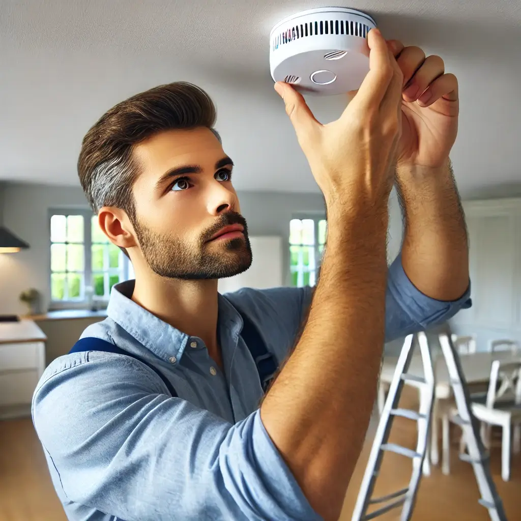 An expert electrician installing a smoke detector in a modern home. The technician is mounting the device on the ceiling to ensure proper placement for maximum fire safety, with a well-lit home interior in the background.