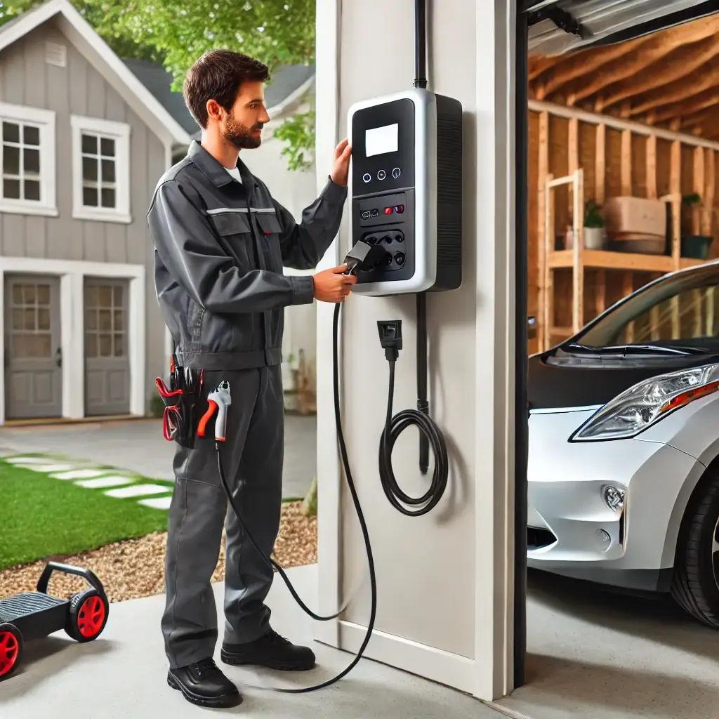 An expert electrician installing an EV charger in a residential garage, ensuring proper wiring and secure mounting.