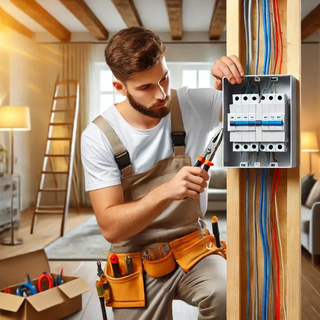 A professional electrician in Bogart, GA working on home electrical wiring, installing a new electrical panel with precision. The background features a well-lit home interior, emphasizing safety and efficiency in electrical services.