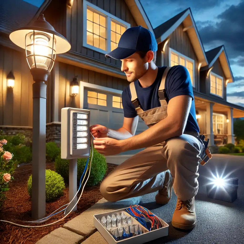 A professional Watkinsville electrician installing a security lighting system outside a home at dusk. The electrician is carefully wiring the lights to enhance safety and efficiency, with a well-lit home exterior featuring landscape lighting.