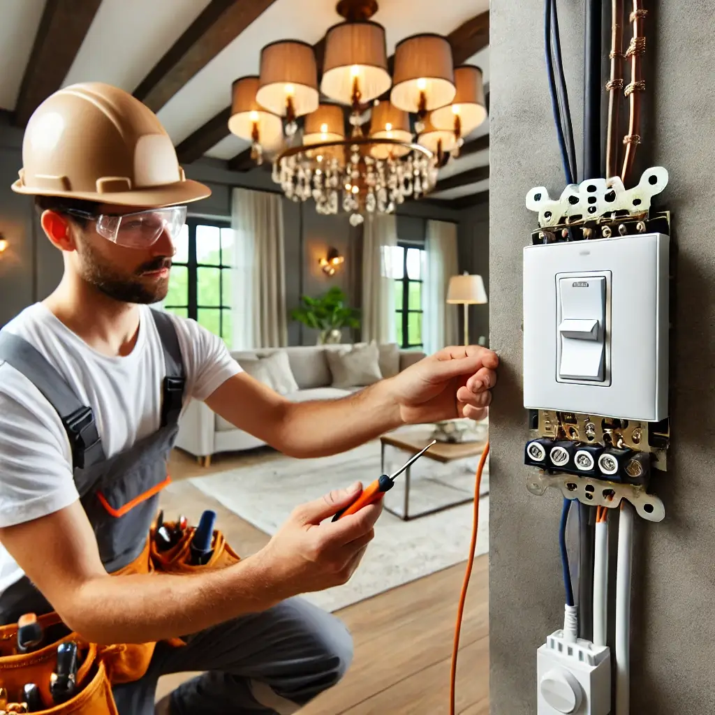 A skilled electrician installing a dimmer switch in a modern home, ensuring precise wiring for adjustable lighting control.